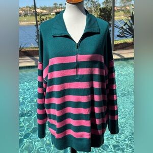 Striped Quarter Zip Long Sleeve Sweater Pink & Green 
Size XL